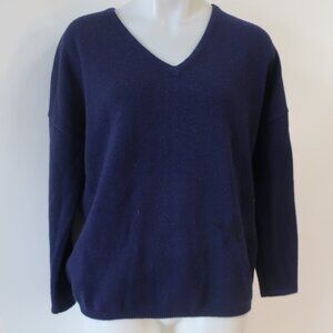 Womens Notshy Navy Blue Black Stars Motif V-Neck Boxy Fit Wool Knit Sweater S